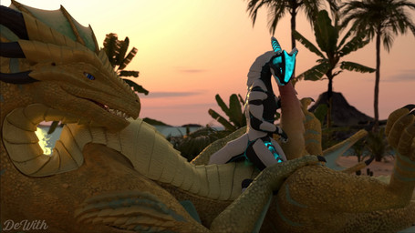 3d_background 3d_fluid_sim anal_wink anthro anus armor beach bestiality blue_eyes bodily_fluids bronze_scales bulge cum cum_in_mouth cum_inflation cum_inside deep_throat detailed_background dominant dominant_feral dominant_male duo ejaculation feral first_person_view forceful frill_(anatomy) genital_fluids genitals glowing glowing_eyes glowing_genitalia glowing_penis horn inflation island knot knotted_penis knotting larger_dom larger_feral looking_at_another looking_back looking_pleasured lying male male/male male_anthro male_feral membrane_(anatomy) membranous_wings on_back oral oral_knotting oral_penetration palm_tree penetration penile penile_penetration penis penis_in_mouth penis_on_tongue plant plate_armor pushing pushing_down sea seductive sitting sitting_on_another size_difference smaller_anthro submissive submissive_anthro submissive_male tail tapering_penis tongue tree water white_body wings dewith mythology danni_(raptor_q) wi_(dewith) dragon mythological_creature mythological_scalie scalie synth_(vader-san) 3d_(artwork) 3d_animation animated blender_(artwork) blender_cycles_(artwork) digital_media_(artwork) long_playtime mixed_media video