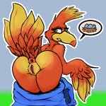 anthro anus beak butt dialogue egg feathered_wings feathers female genitals green_eyes impregnation_request pussy raised_tail rear_view red_body simple_background solo tail wings cashier:3 banjo-kazooie rareware kazooie avian bird 1:1 2020 pictographics