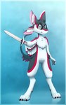 3_fingers 3_toes 4_ears ambiguous_gender anthro black_body black_claws black_feathers blue_background claws digitigrade feathered_wings feathers feet finger_claws fingers grey_eyes holding_melee_weapon holding_object holding_sword holding_weapon inner_ear_fluff melee_weapon multi_ear no_pupils pink_inner_ear red_body red_claws red_feathers simple_background snout solo standing sword tail toe_claws toes tuft weapon white_inner_ear_fluff winged_arms wings mintychipart avali avian 2022 absurd_res digital_drawing_(artwork) digital_media_(artwork) full-length_portrait hi_res krita_(artwork) portrait shaded soft_shading