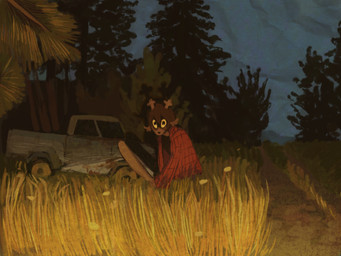 anthro antlers baseball_bat bat_(object) brown_hair clothed clothing female grass hair holding_baseball_bat holding_bat horn light_truck looking_at_viewer open_clothing open_shirt open_topwear pickup_truck plant red_clothing red_shirt red_topwear shadow shirt solo topwear tree truck vehicle wide_eyed decemberholigay deltarune undertale_(series) dess_holiday deer mammal new_world_deer reindeer 2025 4:3 hi_res
