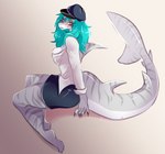 anthro bottomwear breasts clothed clothing female fin green_hair hair hat headgear headwear non-mammal_breasts shirt simple_background sitting skirt smile solo tail tail_over_skirt topwear bunnywhiskerz fish marine shark 2021 digital_media_(artwork) shaded soft_shading