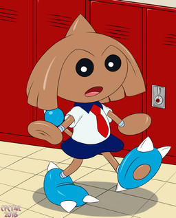 ambiguous_gender anthro anthrofied bottomwear clothed clothing dress inside necktie open_mouth paws school skirt solo uniform walking cpctail nintendo pokemon generation_2_pokemon hitmontop pokemon_(species) 2018 hi_res