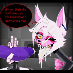 anthro big_penis black_border black_nose blush blush_stickers bodily_fluids border bow_tie cum cum_in_mouth cum_inside cum_on_face dialogue disembodied_penis duo exposed_endoskeleton eyebrows eyelashes eyeshadow female fur genital_fluids genitals gold_(metal) gold_tooth handjob head_tuft huge_penis leaking_cum lipstick machine makeup male male/female metallic_body nude one_eye_closed open_mouth penile penis pink_body pink_bow_tie pink_eyeshadow pink_fur pink_lipstick purple_penis sex sharp_teeth speech_bubble teeth text tuft white_body white_fur wire yellow_eyes gallo_wazavi five_nights_at_freddy's five_nights_at_freddy's_2 scottgames mangle_(fnaf) animatronic canid canine fox mammal robot 1:1 2025 digital_media_(artwork) english_text hi_res