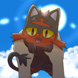 ambiguous_gender black_body black_fur carrying_another cloud day detailed_background disembodied_hand duo fangs feral first_person_view fur happy holding_character looking_at_viewer open_mouth outside paws red_body red_fur sharp_teeth sky smile solo_focus sun teeth yellow_sclera unknown_artist nintendo pokemon felid generation_7_pokemon human litten mammal pokemon_(species) 1:1 2016