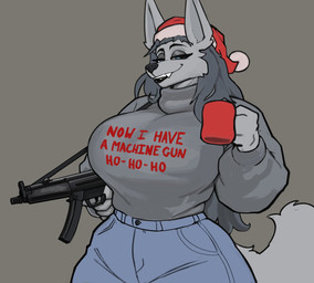 anthro big_breasts black_nose bottomwear breasts christmas_clothing christmas_headwear clothed clothing container cup denim denim_bottomwear denim_clothing eyebrows eyelashes fangs female fully_clothed fur grey_background grey_body grey_fur grey_hair grey_tail gun hair half-closed_eyes hat headgear headwear holding_container holding_cup holding_mug holding_object holding_submachine_gun holidays jeans long_hair looking_at_viewer mp5 mug narrowed_eyes pants ranged_weapon santa_hat simple_background smile solo submachine_gun sweater tail teeth topwear trigger_discipline weapon duase christmas die_hard rasa_(duase) canid canine canis mammal wolf 2025 hi_res
