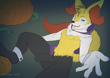 anthro anthrofied balls biped disguise food foreskin fruit genitals half-erect humanoid_genitalia humanoid_penis leaning leaning_backward long_foreskin male mostly_nude navel nipples penis plant pokemorph pumpkin reaching_towards_viewer sitting solo spread_legs spreading unretracted_foreskin dreiker nintendo pokemon braixen canid canine generation_6_pokemon mammal pokemon_(species) vampire signature unfinished