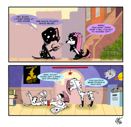 black_body black_fur black_spots book box collar container dialogue duo female feral freckled_face freckles fur heterochromatic_ears leg_markings male markings millenium_falcon poster references socks_(marking) speech_bubble spiked_collar spikes spots text toony tree_house white_body white_fur white_spots unclescooter 101_dalmatian_street 101_dalmatians dc_comics disney goof_troop marvel star_wars dante_(101_dalmatians) dolly_(101_dalmatians) dylan_(101_dalmatians) elvira_(cartooncross) fan_character nisha_(cartooncross) powerline_(goof_troop) arachnid arthropod canid canine canis dalmatian domestic_dog mammal mixed_breed scorpion comic english_text hi_res