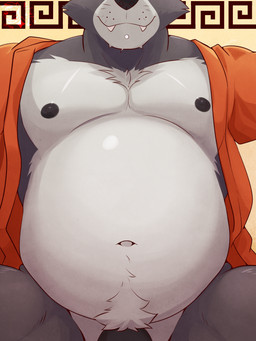 anthro areola belly big_belly black_nose body_hair chest_tuft chin_piercing clothed clothing crotch_tuft fur genitals grey_body grey_fur happy_trail male musclegut muscular muscular_anthro navel nipples open_clothing open_robe overweight pecs penis penis_base piercing robe smile solo stocky tuft ventkazemaru adastra adastra_(series) echo_project amicus_(adastra) canid canine canis mammal wolf hi_res