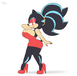 anthro big_breasts black_body black_fur blue_stripes breasts clothing colored_nails dress eyeshadow female footwear fur hair high_heels makeup nails ponytail red_clothing red_dress red_eyes red_eyeshadow red_footwear red_high_heels red_nails shoes solo stripes tan_body white_body white_fur bingbingo sega sonic_the_hedgehog_(series) fan_character eulipotyphlan hedgehog mammal hi_res signature watermark