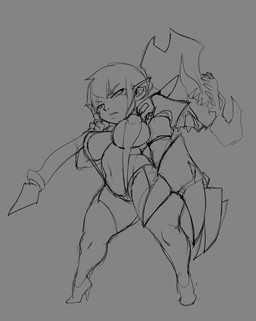 armor axe big_breasts breasts clothed clothing fantasy_axe female grey_background melee_weapon not_furry shortstack shortstack_female simple_background skimpy solo unconvincing_armor under_boob weapon thecon dark_elf elf humanoid 2016 hi_res monochrome