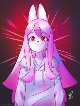 anthro clothing coat female hair looking_at_viewer pink_hair red_eyes smile solo text topwear white_body ananasartworks brand_new_animal studio_trigger nazuna_hiwatashi canid canine fox mammal absurd_res hi_res url