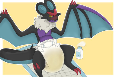 2_toes 3_fingers ambiguous_gender anthro baby_powder big_diaper black_body black_tail black_wings blue_inner_ear blue_tail blue_wings blush blush_lines bodily_fluids border changing_mat claws clothed clothing container diaper diaper_only feet fingers fur genital_fluids looking_down neck_tuft purple_body red_claws simple_background sitting solo tail toe_claws toes topless tuft two_tone_tail unclean_diaper urine used_diaper wavy_mouth wearing_diaper wet_diaper white_body white_border white_fur wings yellow_background yellow_eyes yellow_sclera scripin nintendo pokemon generation_6_pokemon noivern pokemon_(species) 3:2 hi_res