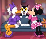 anthro avian_butt big_breasts blurred_background bottomless bottomless_anthro bottomless_female breasts clothed clothing depth_of_field dress embarrassed female female/female feral group humor interrupted_kiss non-mammal_breasts pink_clothing purple_clothing surprised_expression surprised_face trio wide_eyed kinkypeach disney mickey_mouse's_mixed-up_adventures mickey_mouse_roadster_racers minnie's_bow-toons daisy_duck figaro_(disney) minnie_mouse anatid anseriform avian bird domestic_cat duck felid feline felis mammal mouse murid murine rodent tuxedo_cat absurd_res hi_res