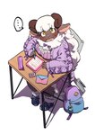 anthro backpack blush bottomwear bow_(feature) breasts brown_body brown_skin chair clothed clothing ellipsis envelope female footwear fur furniture hair heart_symbol high-angle_view holding_object holding_pen horizontal_pupils i_love_you kemono looking_at_viewer looking_up looking_up_at_viewer love_letter note open_mouth ornament pen pencil_case pupils school_desk shadow shoes simple_background skirt sneakers socks solo sticker_pack surprised_expression sweater topwear white_background white_body white_fur white_hair writing_text yellow_eyes teteteko bovid caprine mammal sheep hi_res