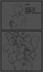 anthro breasts clothed clothing dialogue female group harem larger_human licking male male/female raised_tail short_stack size_difference smaller_anthro smaller_female tail tongue mamasoyanini human mammal rodent sciurid tree_squirrel 3:5 absurd_res comic hi_res monochrome