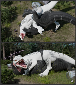 ambiguous/ambiguous ambiguous_feral ambiguous_gender angry barely_visible_genitalia bite dialogue feral genitals neck_bite outside page_number plant rock shocked tree thatman jinnoaka_(modeler) blender_(copyright) forest_fun_(thatman) x_(thatman_23) xaria_(thatman_23) dinosaur interceptor prehistoric_species reptile scalie 3d_(artwork) blender_(artwork) blender_cycles_(artwork) comic digital_media_(artwork) hi_res female_(lore) male_(lore)