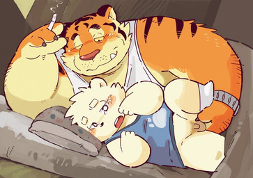 age_difference anal anal_fingering anthro anthro_on_anthro anthro_penetrated anthro_penetrating anthro_penetrating_anthro balls blush bodily_fluids bottomless cigarette clock clothed clothing duo fingering fingering_partner flaccid footwear futon genitals larger_male legwear lying male male/male male_penetrated male_penetrating male_penetrating_male older_male on_side open_mouth penetration penis pillow sex shirt size_difference smaller_male smaller_penetrated smoking socks tank_top tears topwear watch young young_anthro younger_male younger_penetrated garouzuki gin_(garouzuki) bear felid mammal pantherine polar_bear tiger ursine
