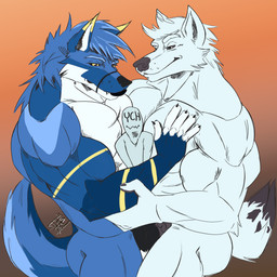 anthro dominant group hug larger_dom larger_male male muscular muscular_male sandwiched size_difference trio justagoodboy anon wuskaroo canid canine canis human mammal wolf 1:1 hi_res