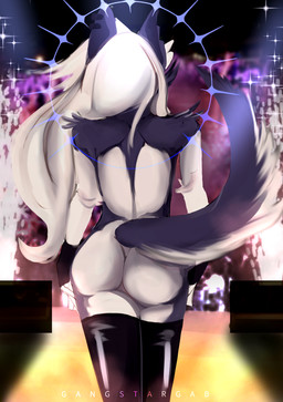 anthro armwear butt clothing ear_piercing female fireworks fur grey_body grey_fur hair legwear long_hair long_tail multicolored_body multicolored_fur notched_ear nude piercing rear_view solo sparkles stage standing tail two_tone_body two_tone_fur white_body white_fur white_hair gangstargab hellaverse helluva_boss mythology loona_(helluva_boss) canid canid_demon canine canis demon hellhound mammal mythological_canine mythological_creature wolf 2022 hi_res watermark