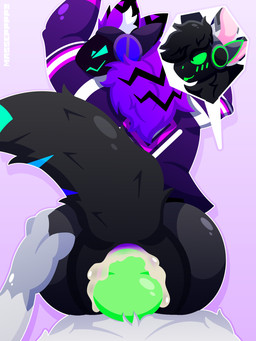 anthro bodily_fluids butt butt_grab cum cum_in_ass cum_inside duo e513_(esie) genital_fluids green_knot hand_on_butt knot leaking_cum looking_back machine male male/male massepppp zimwawa hybrid protogen 3:4 hi_res