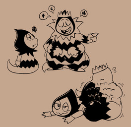 4_arms abdominal_bulge belly big_belly black_and_brown crown duo headgear huge_belly legless lying male motion_lines mouth_closed multi_arm multi_limb on_front open_mouth simple_background size_difference smaller_pred smile soft_vore standing tail teeth tongue unwilling_prey vore pawplants deltarune undertale_(series) king_diamond_(deltarune) darkner rudinn 2026 hi_res monochrome