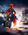 anthro armor barefoot battlefield black_nose blue_body blue_eyes blue_fur bottomwear clothing feet fur gun hair machine_gun male multicolored_body multicolored_fur orange_body orange_fur orange_hair pants power_lines ranged_weapon red_body red_fur running shirt solo tank text topwear vehicle war weapon thanshuhai battlefield_4 canid canine mammal 4:5 english_text