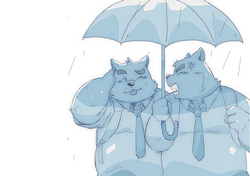 angry anthro belly clothing duo kemono male necktie one_eye_closed overweight overweight_male raining shirt tongue tongue_out topwear umbrella ginsingoo1 canid canine canis domestic_dog mammal 2022