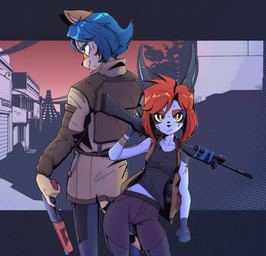 anthro back_to_back band-aid bandage bandage_on_face belt bottomwear bruised clothed clothing collarbone concealed_weapon detailed_background double_barrel_shotgun duo female fingers fist fn_fal fur grey_body grey_fur gun gun_on_shoulder hair handgun holding_gun holding_object holding_ranged_weapon holding_weapon jacket larger_male looking_at_viewer male midriff modern_architecture pants pistol pupils ranged_weapon red_hair rifle sawed-off_shotgun serious shirt short_hair shotgun size_difference sleeveless_shirt smaller_female spots striped_body striped_fur stripes tail tank_top topwear weapon white_body white_fur white_pupils kosatich fabrique_nationale_herstal elisa_(kosatich) felid feline lagomorph leporid mammal pantherine rabbit tiger 2023 digital_media_(artwork) hi_res
