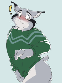 anthro blush blush_lines bottomless bottomless_anthro bottomless_male butt clothed clothing clothing_pull crooked_whiskers fur grey_body grey_fur male male_anthro partially_clothed partially_clothed_anthro partially_clothed_male simple_background solo sweater sweater_pull tail topwear topwear_pull whiskers llkll00900 disney zootopia pawbert_lynxley canada_lynx felid feline lynx mammal 3:4 hi_res