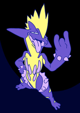 3_toes countershade_torso countershading devil_horns_(gesture) feet gesture hand_gesture hand_on_hip high-angle_view mohawk open_mouth open_smile purple_body purple_tongue smile solo toes tongue tongue_out batshaped nintendo pokemon amped_toxtricity generation_8_pokemon pokemon_(species) toxtricity