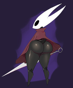 2_horns alternate_form anthro big_butt biped black_body black_eyes butt cloak clothing featureless_feet feet female horn joints melee_weapon no_pupils polearm red_cloak red_clothing red_topwear solo spear standing tail topwear weapon white_body white_head kingofacesx hollow_knight_(franchise) team_cherry hornet_(hollow_knight) arthropod insect 2025 hi_res