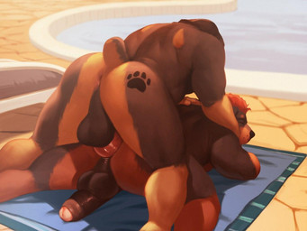 anal anal_penetration anthro anthro_on_anthro anthro_penetrated anthro_penetrating anthro_penetrating_anthro anus backsack balls bedding blanket brown_body butt butt_tattoo dripping duo erection eyes_closed foreskin fur genitals hair laying_on_top male male/male male_penetrated male_penetrating male_penetrating_male muscular muscular_anthro muscular_male nude nude_anthro nude_male outdoor_nudity outside outside_sex pecs penetration penile penile_penetration penis penis_in_ass perineum rear_view red_hair sex swimming_pool tail tattoo kristakeshi jaren_(kristakeshi) rennin canid canine canis domestic_dog mammal mastiff molosser rottweiler 4:3