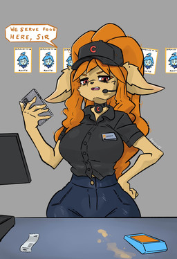 annoyed anthro black_clothing black_hat black_headwear black_shirt black_topwear blue_body blue_hair blue_tuft bottomwear breasts broken_phone cellphone clothed clothing collar counter credit_card_machine denim denim_bottomwear denim_clothing ear_tuft ears_down electronics employee employee_of_the_month employee_uniform facial_tuft fangs fast_food fast_food_employee fast_food_restaurant fast_food_uniform female fingers food fur hair hair_on_shoulder hand_on_hip hat headgear headset_microphone headwear holding_object holding_phone jeans long_hair looking_at_viewer messy_hair misspelling name_tag narrowed_eyes open_mouth orange_body orange_fur orange_hair pants phone pivoted_ears ponytail ponytail_over_shoulder receipt red_eyes shirt smartphone solo speech_bubble standing talking_to_viewer teeth text thick_thighs tired tired_eyes topwear tuft snoutless undertale undertale_(series) undertale_yellow ceroba_ketsukane martlet_(undertale_yellow) avian canid canine fox mammal 2025 absurd_res artist_name digital_drawing_(artwork) digital_media_(artwork) english_text hi_res