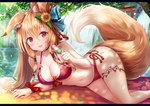 accessory bikini blonde_hair blush breasts cleavage clothed clothing dango_(food) female food garter hair hair_accessory holding_food holding_object looking_at_viewer lying navel on_side outside plant solo swimwear tree two-piece_swimsuit water waterfall sakura_ani animal_humanoid canid canid_humanoid canine canine_humanoid fox_humanoid humanoid mammal mammal_humanoid 2021