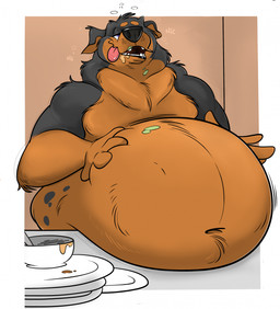 anthro belly belly_tuft big_belly black_body black_fur bloated bodily_fluids bowl container drooling fur male orange_body orange_fur overweight overweight_male plate saliva solo stuffing tongue tongue_out tuft remmyfox canid canine canis domestic_dog mammal mastiff molosser rottweiler hi_res