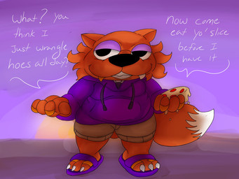 anthro bottomwear claws clothing digit_ring fangs feet fluffy fluffy_tail food footwear fur gold_(metal) gold_tooth half-closed_eyes hoodie jewelry male narrowed_eyes orange_body orange_fur pizza purple_eyelids ring sandals shoes shorts shortstack slightly_chubby solo tail teeth toe_claws toe_ring toes topwear jaythefox333 jay_(jaythefox333) canid canine fox mammal 4:3 hi_res