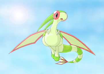 ambiguous_gender flying green_body hybrid_eyes insect_wings lens_flare markings open_mouth sky solo striped_markings striped_tail stripes tail tail_markings wings pasaran nintendo pokemon flygon generation_3_pokemon pokemon_(species) source_request