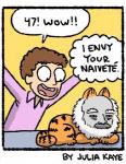 2018 brown_hair comic dialogue domestic_cat duo english_text felid feline felis garfield_(series) garfield_the_cat hair human jon_arbuckle julia_kaye karl_marx low_res mammal not_furry open_mouth politics real_world smile teeth text tongue what