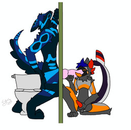 animal_genitalia animal_penis anthro blue_body blue_eyes blue_fur canine_genitalia canine_penis duo erection fur genitals glory_hole grey_body hair kneeling_oral_position knot knotted_penis machine male male/male masturbation multicolored_body oral penis protogen_armor protogen_visor red_penis shark_tail sitting toilet henrytheprotogay henry_ggpioor hesed_(levovan1337) canid canine canis mammal protogen wolf hi_res
