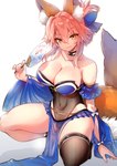 5_fingers amber_eyes big_breasts blush breasts choker clothing female fingers hair holding_fan inner_ear_fluff jewelry legwear looking_at_viewer navel necklace simple_background smile solo stockings tuft white_background wisespeak fate_(series) type-moon caster_tamamo-no-mae animal_humanoid canid canid_humanoid canine canine_humanoid fox_humanoid humanoid mammal mammal_humanoid 2021 hi_res