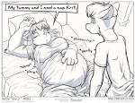 2015 anthro bed belly big_belly big_breasts breasts canid canine canis claws clothed clothing comic dialogue duo english_text eyes_closed faf female fox furniture hand_on_belly hetty_(faf) jimmy_(faf) male mammal monochrome obese open_mouth overweight sleeping speech_bubble text wolf
