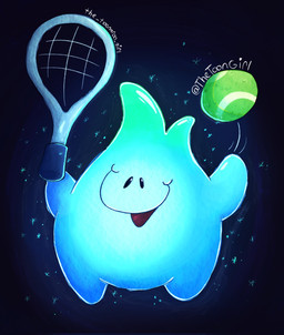 ambiguous_gender ball black_eyes blue_body bouncing_ball glistening glistening_body hair happy holding_object simple_background solo sparkles tennis_ball tennis_racket toony toony_eyes toonaroo illumination_entertainment mario_bros nintendo super_mario_galaxy the_super_mario_bros_movie lumalee hungry_luma luma waddling_head digital_media_(artwork) hi_res