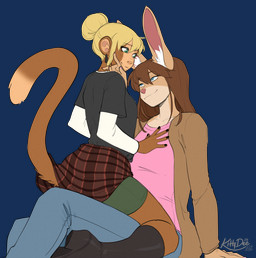 anthro biped bottomwear breasts clothed clothed_anthro clothed_female clothing countershade_torso countershading duo female fingers footwear fully_clothed fully_clothed_anthro fully_clothed_female fur hair kneeling shoes sitting smile tail topwear kittydee haplorhine lagomorph leporid mammal monkey primate rabbit 2026 alpha_channel digital_drawing_(artwork) digital_media_(artwork) hi_res