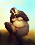 anthro big_breasts blush breasts claws feet female genitals hindpaw looking_at_viewer navel nipples nude overweight overweight_anthro overweight_female paws pussy solo toes oddwilds badger mammal mustelid musteline 2012 digital_media_(artwork) digital_painting_(artwork)