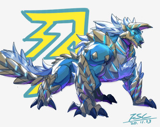 biceps blue_body chest_tuft claws fangs feral hair male muscular muscular_feral muscular_male solo spiked_body teeth tuft white_hair fansl capcom monster_hunter fanged_wyvern zinogre hi_res