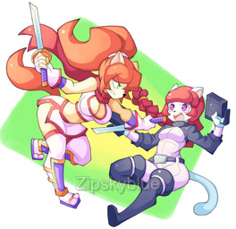 anthro cleavage_cutout cutout duo female fight fur green_eyes ninja purple_eyes tail warrior white_body white_fur yellow_body yellow_fur zipskyblue kyoko_(zipskyblue) mei_(zipskyblue) felid feline mammal absurd_res hi_res