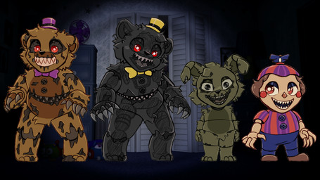 belly_mouth bow_tie chibi clothing fingers hat headgear headwear machine purple_bow_tie purple_top_hat top_hat yellow_bow_tie yellow_top_hat parade_yesterday five_nights_at_freddy's five_nights_at_freddy's_4 scott_cawthon scottgames nightmare_(fnaf) nightmare_balloon_boy_(fnaf) nightmare_fredbear_(fnaf) plushtrap_(fnaf) animatronic bear humanoid lagomorph leporid mammal rabbit robot robot_humanoid 16:9 2026 absurd_res digital_media_(artwork) hi_res widescreen