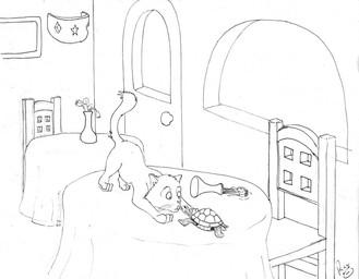 ambiguous_feral ambiguous_gender chair door duo eye_contact feral flower furniture inside lamp looking_at_another mouth_closed on_table plant quadruped table tail vase whiskers pandapaco felid mammal reptile scalie turtle monochrome signature sketch
