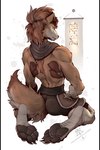 2024 anthro armor athletic athletic_male back_muscles bottomwear brown_body brown_fur canid canine canis claws clothing eyes_closed fangs feet foot_fetish foot_focus fur generation_7_pokemon kneeling kredri leather leather_armor lycanroc male mammal meditation midnight_lycanroc nim_(razim) nintendo pawpads paws pokemon pokemon_(species) sabertooth_(anatomy) scarf semi-anthro shirtless shirtless_anthro shirtless_male shorts solo tail tan_body tan_fur teeth toe_claws