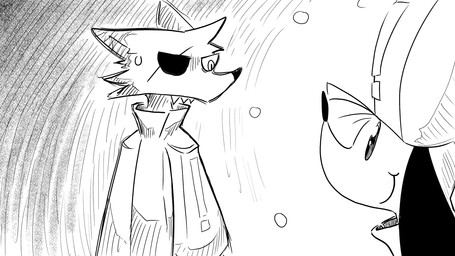 anthro apprehensive bodily_fluids cape clothing dimple duo hat headgear headwear male military_uniform smile sparkles sparkling_eyes sweat uniform dragonweirdo kimera_(dragonweirdo) puck_(dragonweirdo) canid canine canis domestic_dog mammal wolf 16:9 comic hi_res monochrome widescreen